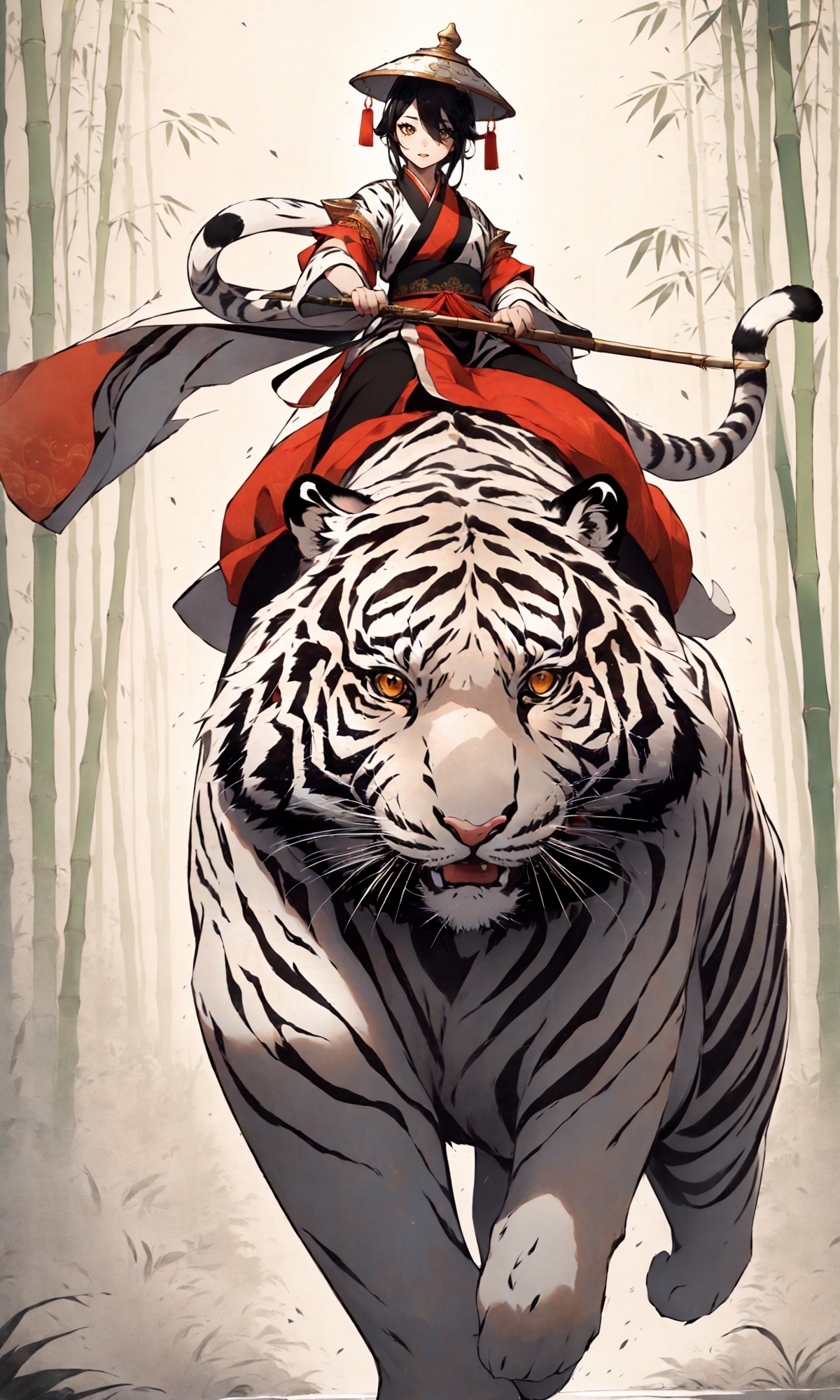 606247209521967940-259212714-A stunning Chinese beauty in traditional Hanfu attire riding a massive tiger, carrying a large gourd,_in the style of Chinese in.jpg